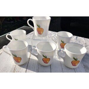 Vtg Corning Ware Corelle Fruit Mugs White Coffee Tea Set 6 Apple Cherry Retro